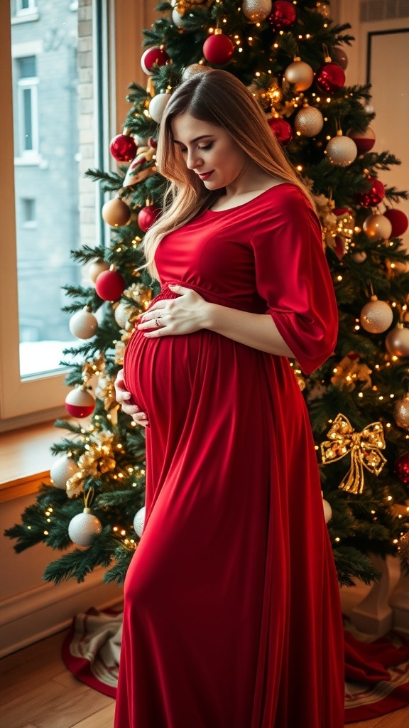Expectant mother in red dress cradling baby bump in front of a Christmas tree with lights and ornaments.